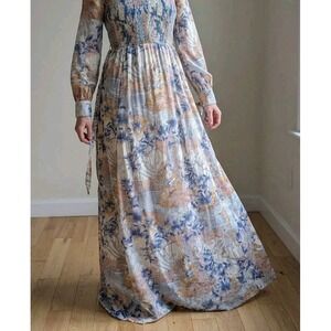 Vtg Cottagecore Maxi Dress Edwardian Art nouveau Prairie Peasant Smocked 70s